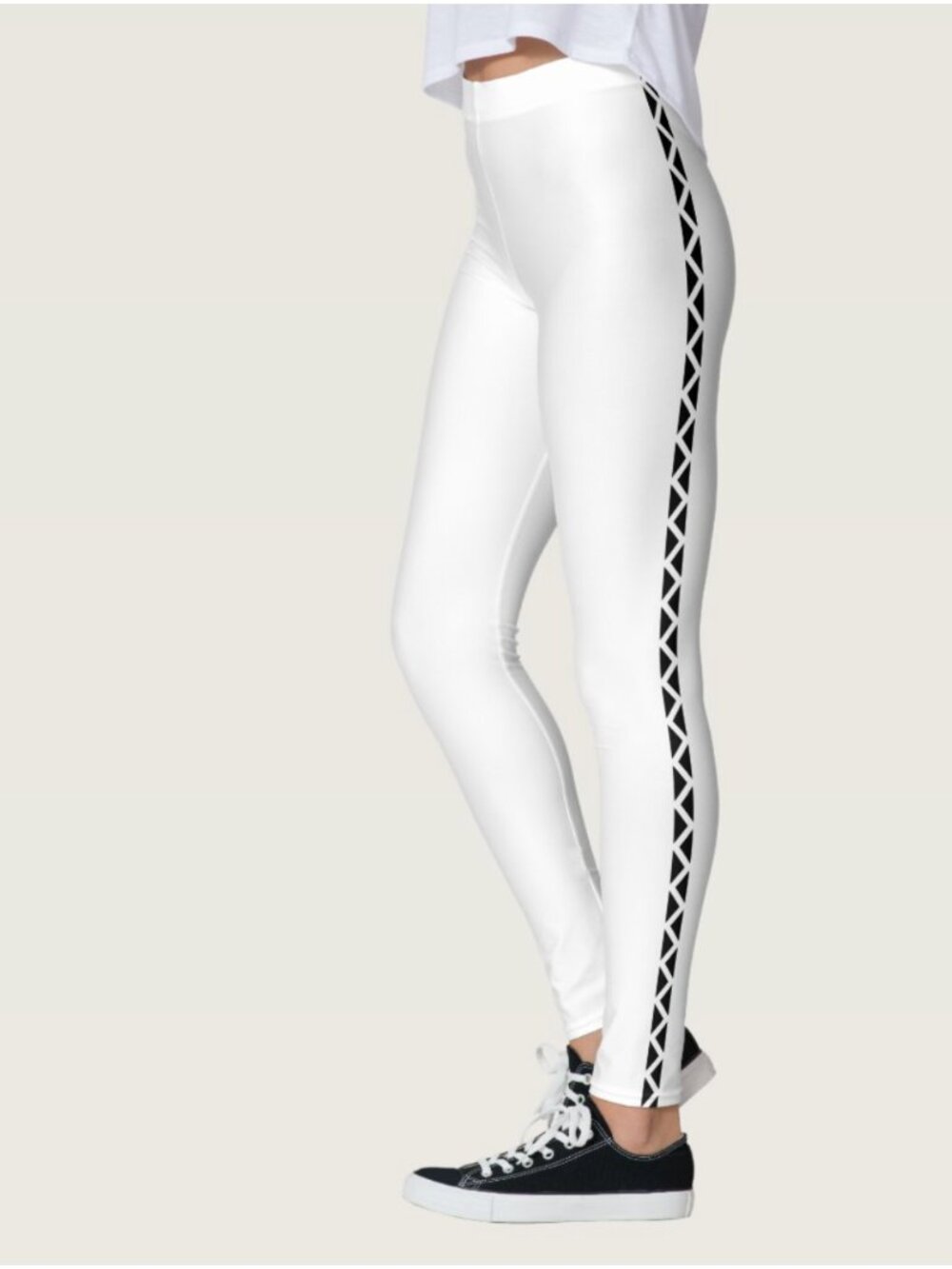 Classic White Leggings with Black Side Stripe M New - Picture 5 of 6